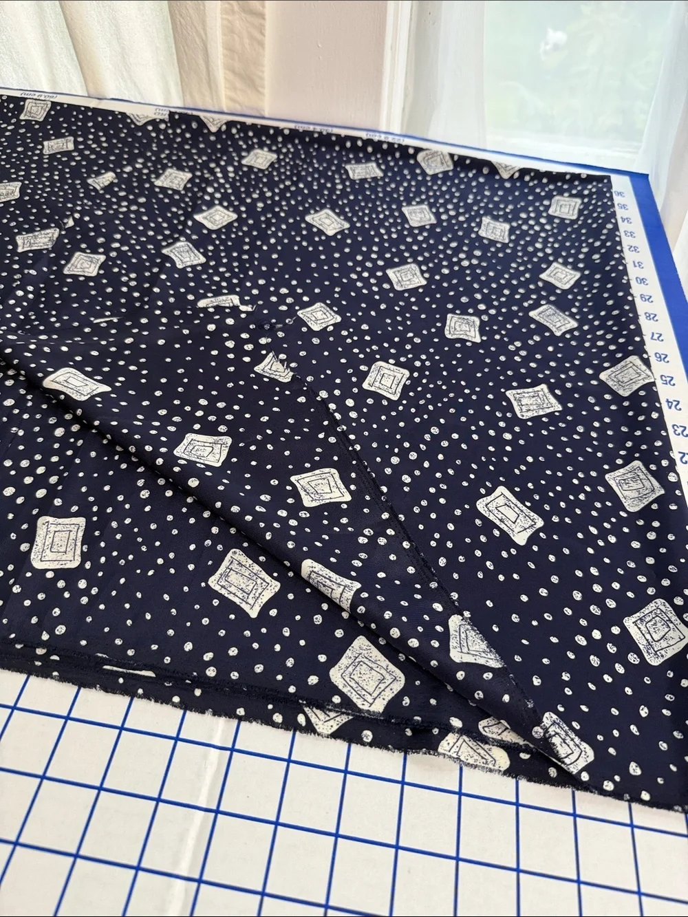 Vintage 1970s 80s Dark Navy Cream Abstract Dot Geometric Fabric 2.5 Yards x 44”